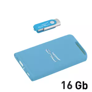 Набор зарядное "Theta" 4000 mAh + флеш-карта "Vostok" 16Гб  в футляре, голубой, покрытие soft touch - 3226900-22S/16Gb