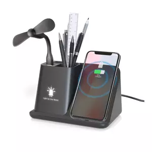 Карандашница "Black Star" с беспроводным (10W) зарядным устройством, вентилятором и лампой, с подсветкой логотипа - 3229609-3