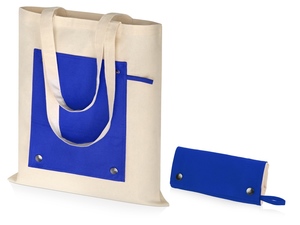 Складная хлопковая сумка для шопинга «Gross» с карманом, 180 г/м2 натуральный,синий